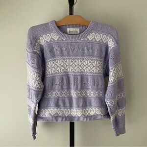Vintage Jantzen Heart & Snowflake Cropped Knit Sweater Purple Cream Size Medium